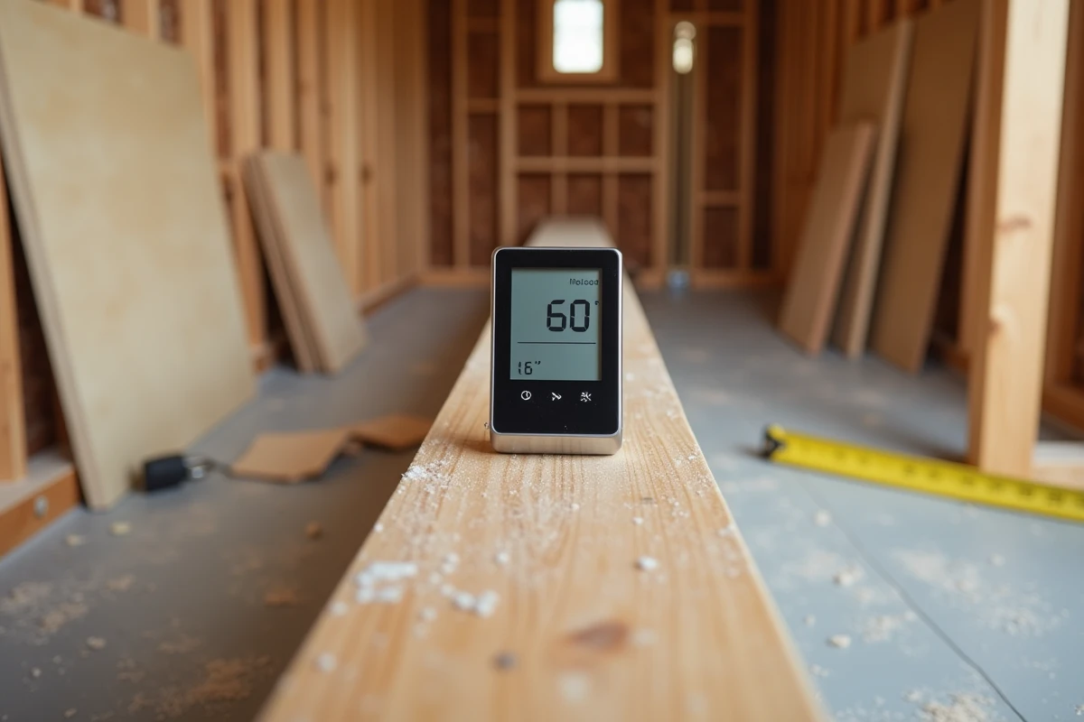 Inclinomètre numérique posé sur une rampe en bois mesurant la pente en degrés lors d'une rénovation intérieure