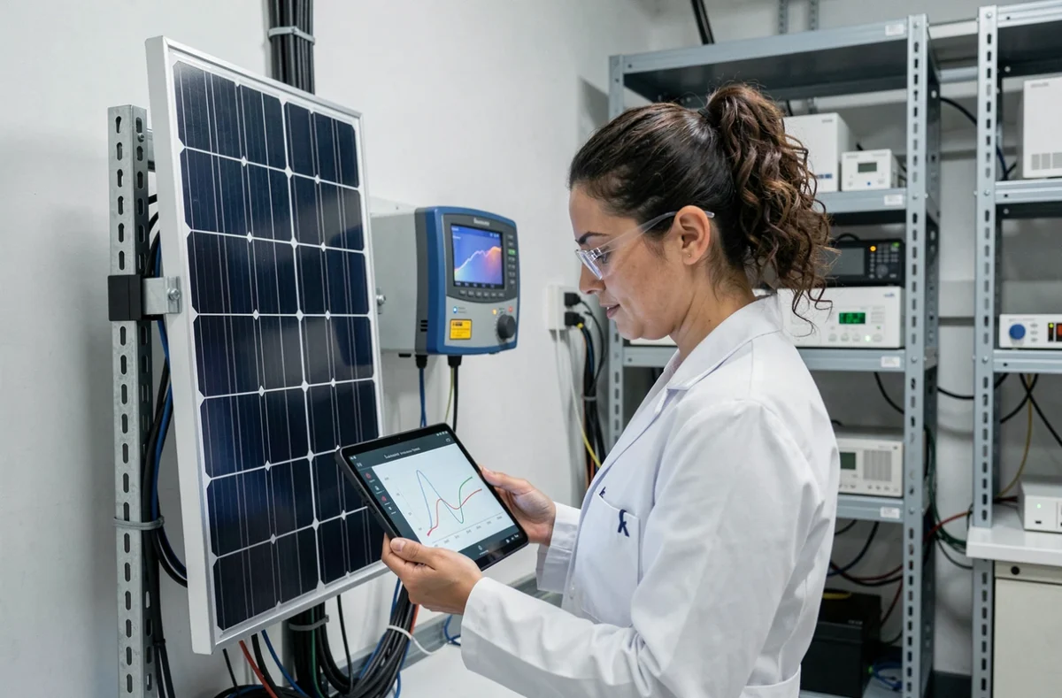 Ingénieure analysant les données de puissance d'un panneau photovoltaïque dans un laboratoire de test solaire