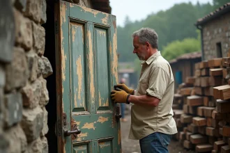 Homme inspectant une ancienne porte en bois récupérée dans un dépôt de matériaux anciens, vérifiant l'état du bois et des ferrures d'origine