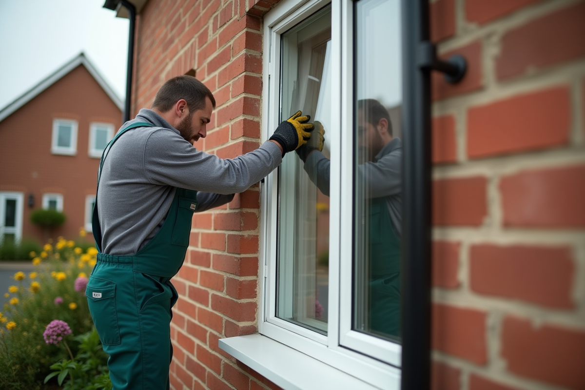 Installateur professionnel pose une fenêtre double vitrage sur une maison