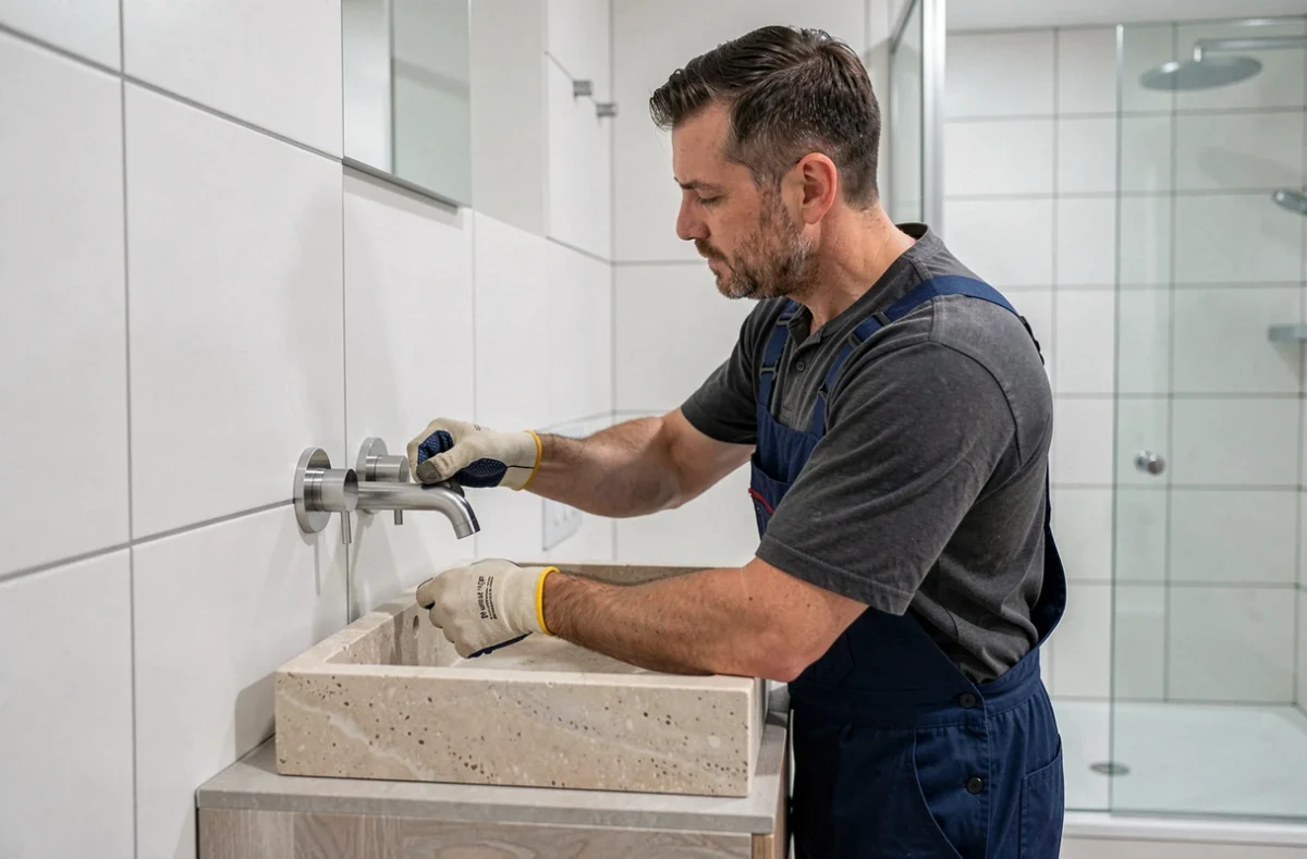 Installateur de salle de bain professionnel posant un robinet mural dans une salle de bain moderne rénovée dans les Yvelines
