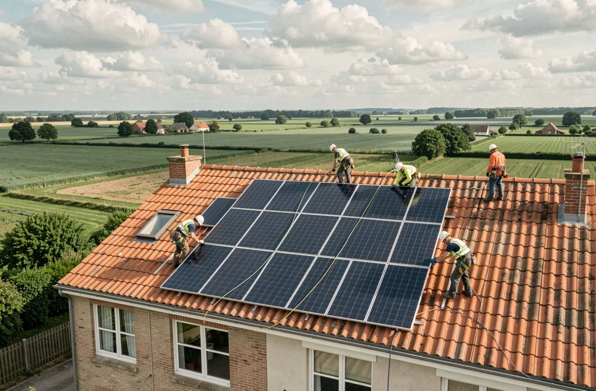Installateurs de panneaux solaires sur un toit en tuiles dans l'Oise, avec la campagne picarde en arrière-plan