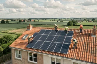 Installateurs de panneaux solaires sur un toit en tuiles dans l'Oise, avec la campagne picarde en arrière-plan