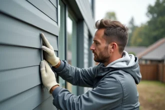 Poseur installant une cornière aluminium extérieure sur un bardage composite moderne lors d'une finition de façade résidentielle