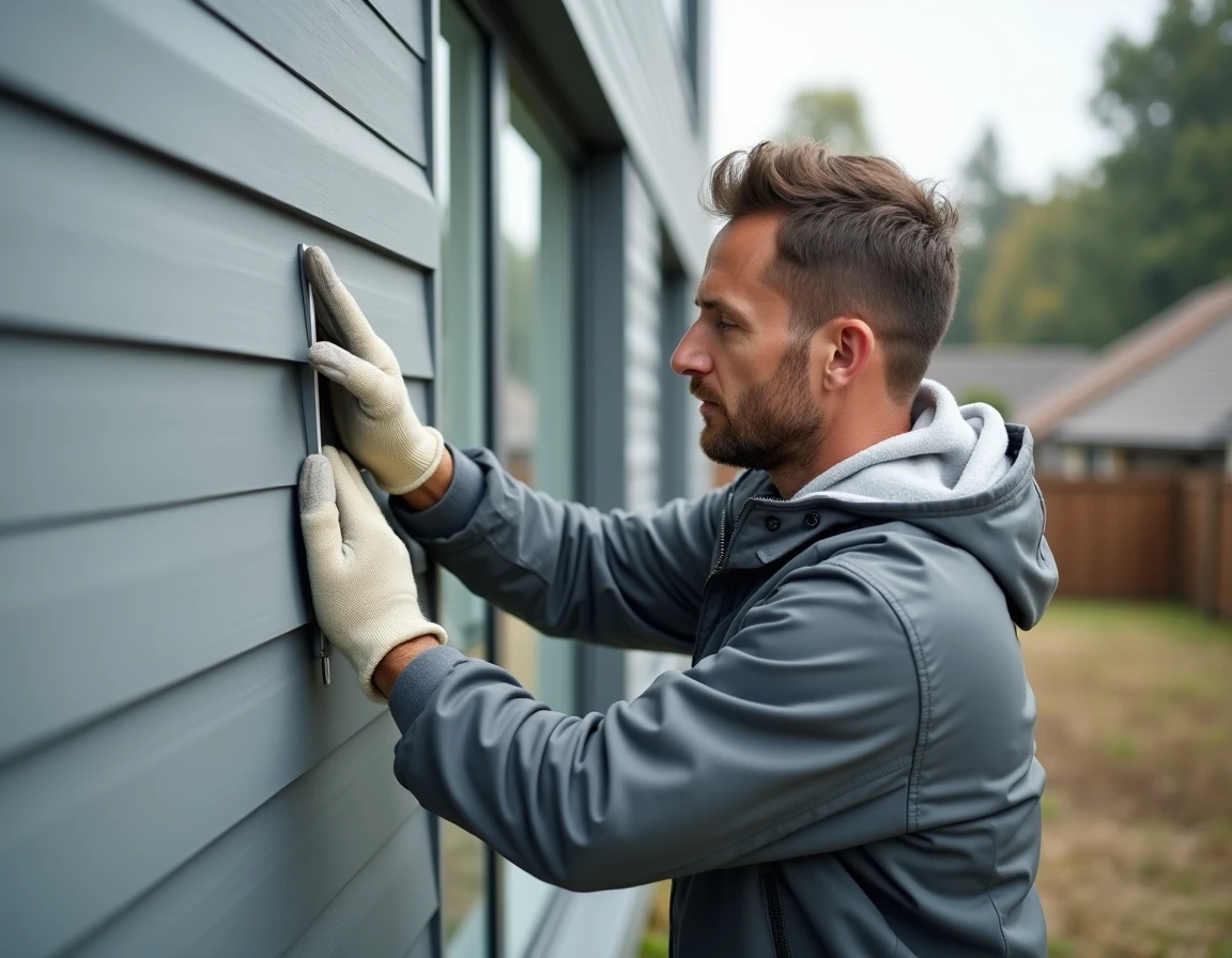 Poseur installant une cornière aluminium extérieure sur un bardage composite moderne lors d'une finition de façade résidentielle