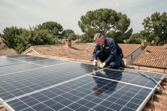 Électricien installant un kit solaire triphasé de 6000W sur un toit résidentiel avec rangées de panneaux photovoltaïques