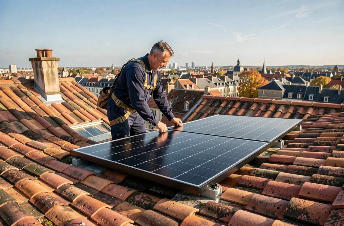 Installateur de panneaux solaires sur un toit à Dijon avec vue sur les toitures en tuiles bourguignonnes