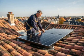 Installateur de panneaux solaires sur un toit à Dijon avec vue sur les toitures en tuiles bourguignonnes