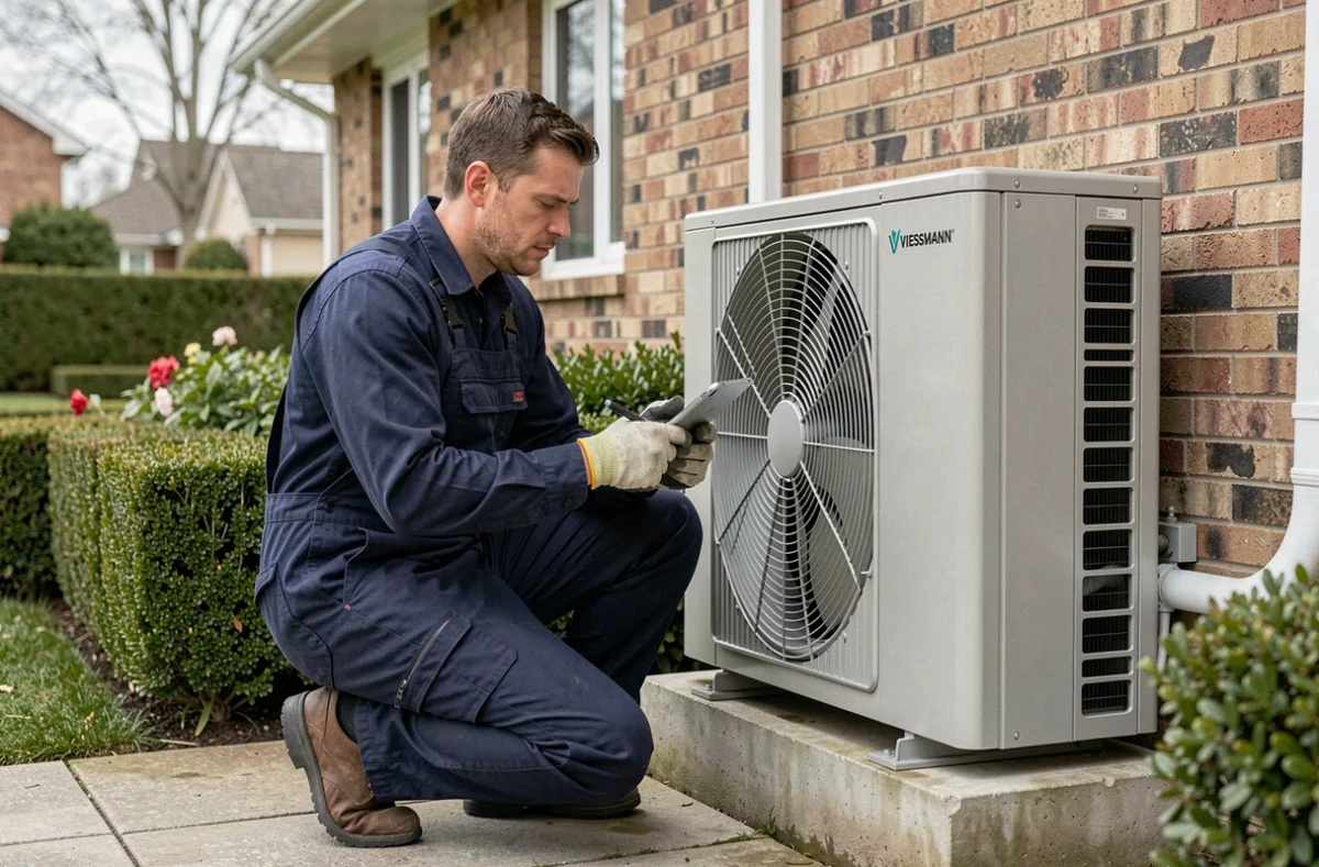 Technicien en train d'installer une pompe à chaleur Viessmann sur la façade extérieure d'une maison individuelle
