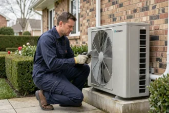 Technicien en train d'installer une pompe à chaleur Viessmann sur la façade extérieure d'une maison individuelle