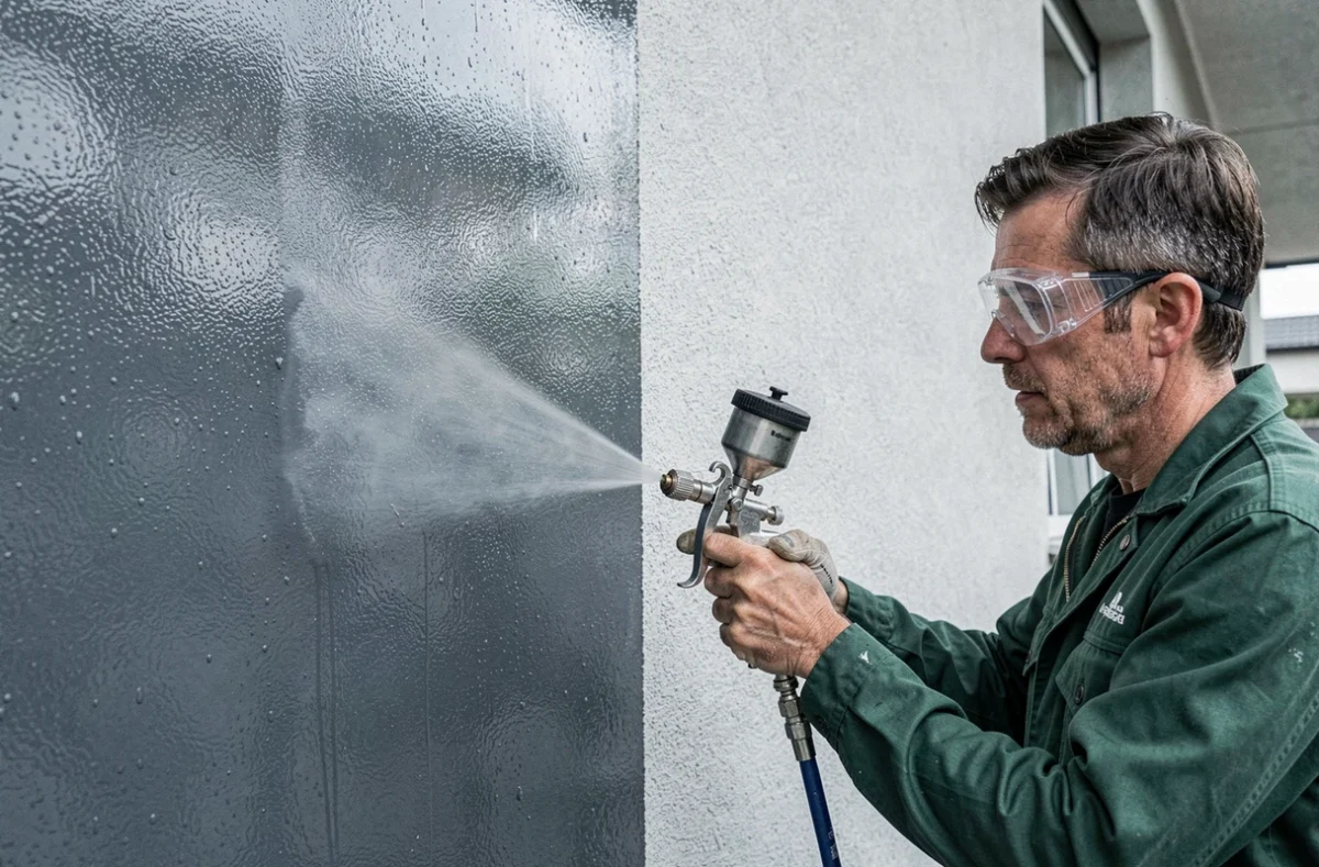 Technicien Izolex appliquant un revêtement imperméabilisant sur la façade enduite d'un immeuble résidentiel en Isère