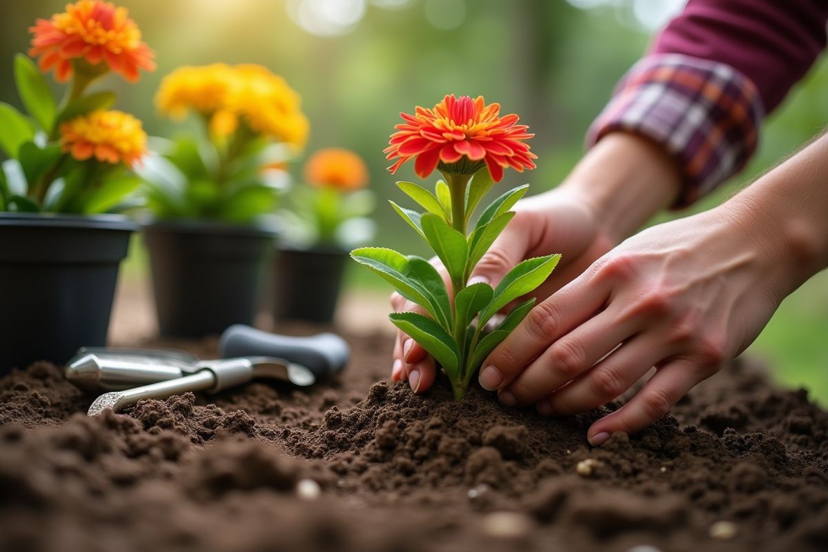 Mains de jardinier plantant un kalanchoe dans la terre