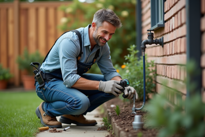 Homme moyenâgeux connectant un système d'irrigation dans son jardin