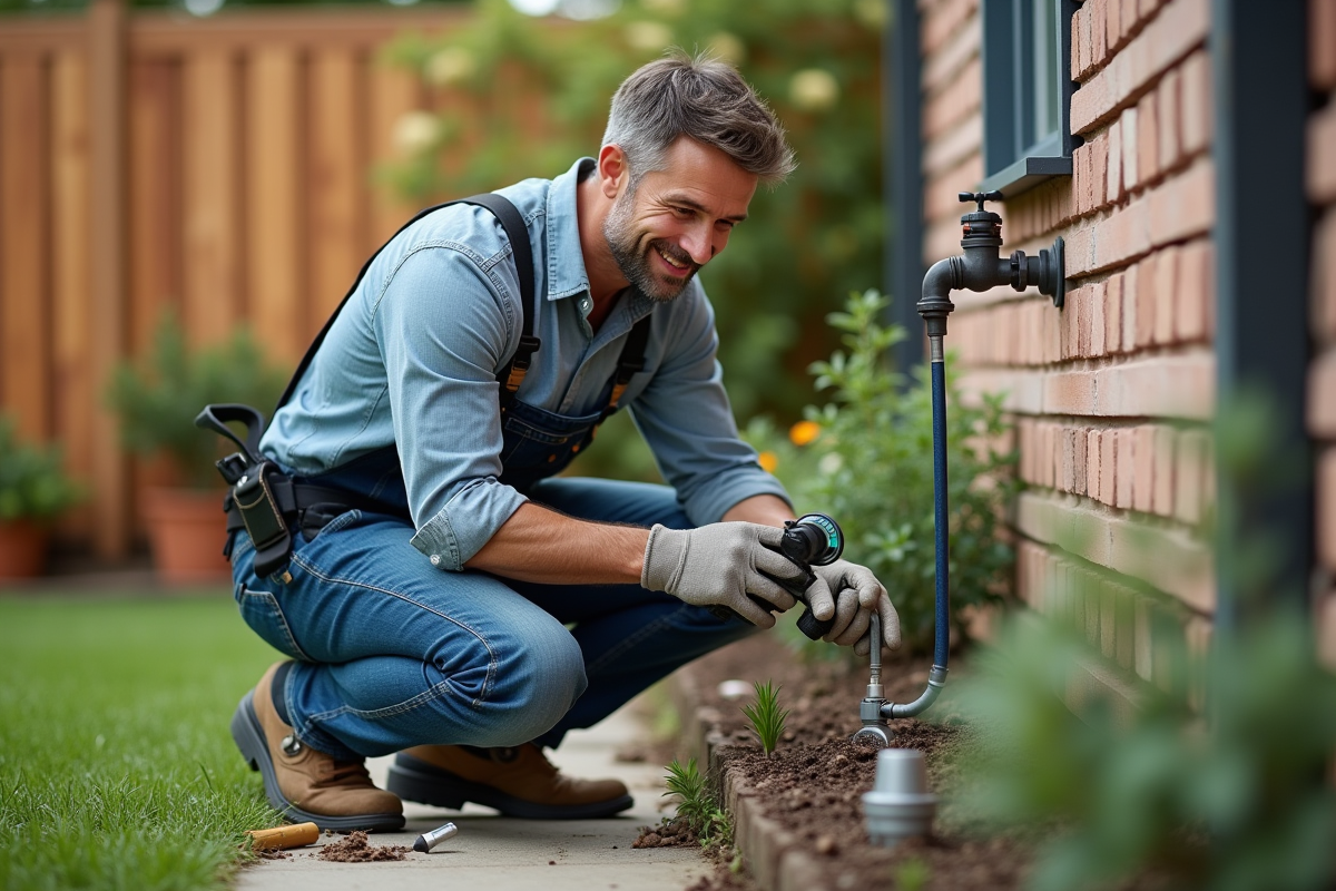 Homme moyenâgeux connectant un système d'irrigation dans son jardin