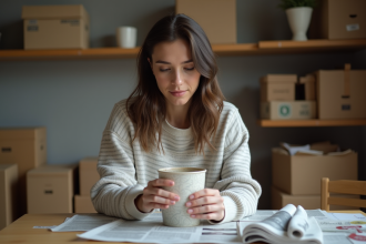 Jeune femme emballant des verres avec journal dans un intérieur