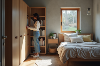 Jeune femme arrangeant des livres dans une chambre sous-sol lumineuse