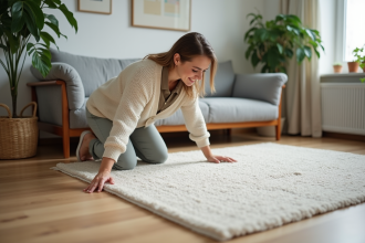 Jeune femme ajustant un tapis dans un salon moderne
