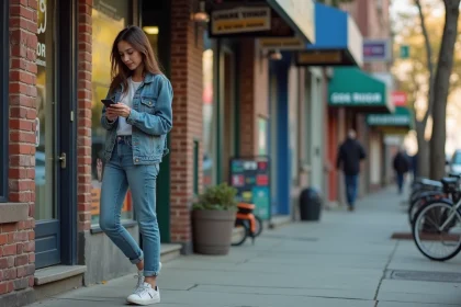 Jeune femme en denim dans une rue urbaine colorée