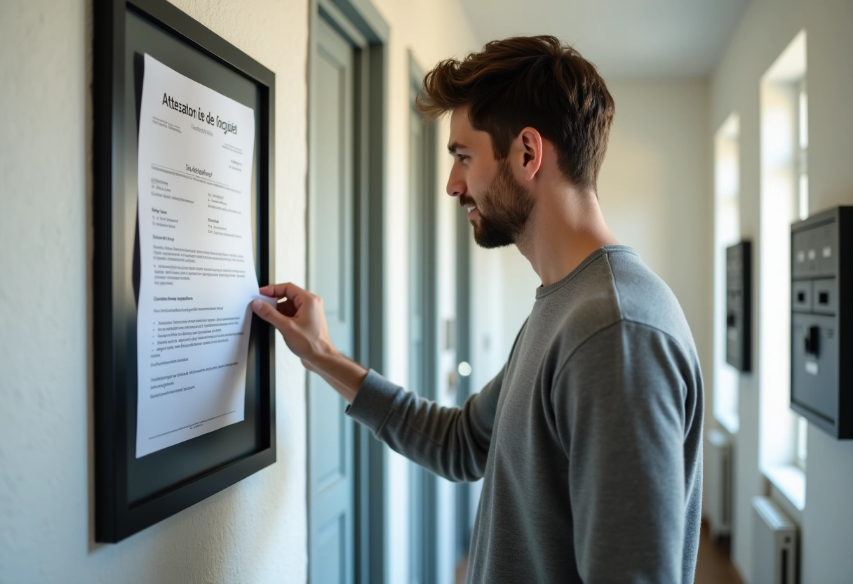 Jeune homme fixant une attestation de domicile sur un tableau dans le couloir