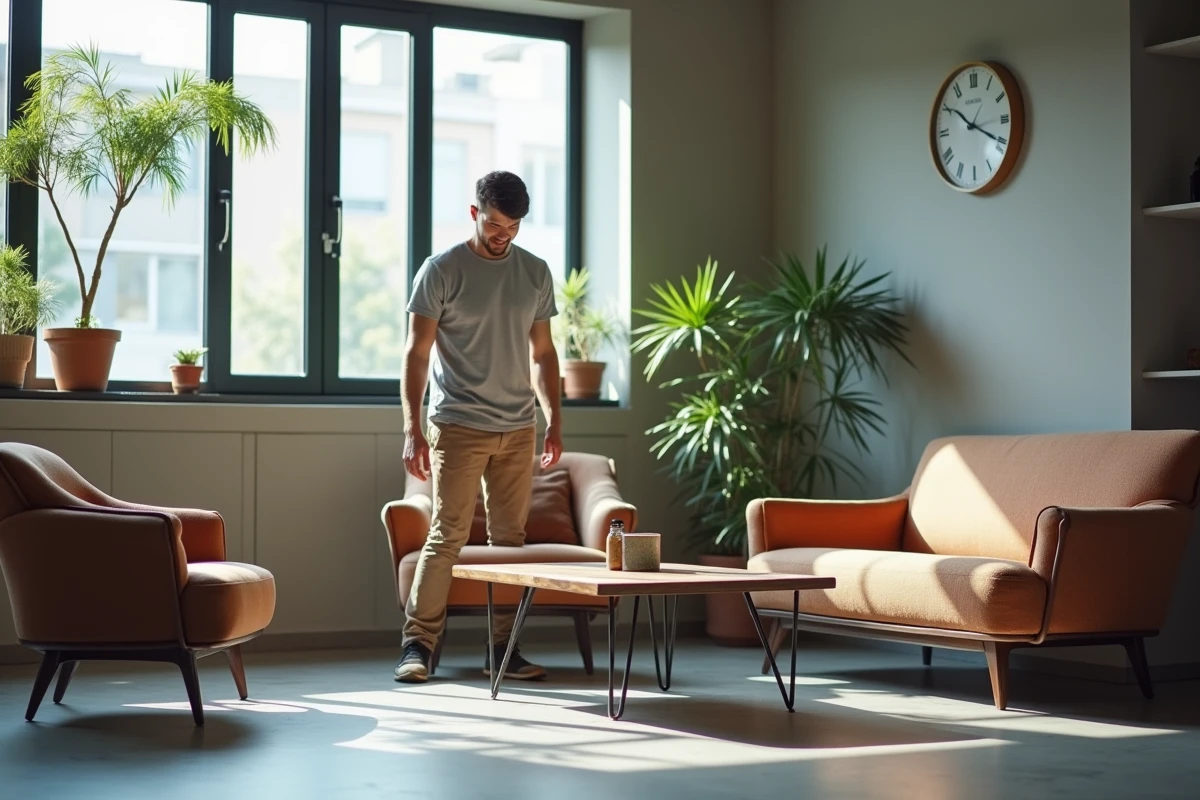 Jeune homme arrangeant des meubles dans un studio lumineux