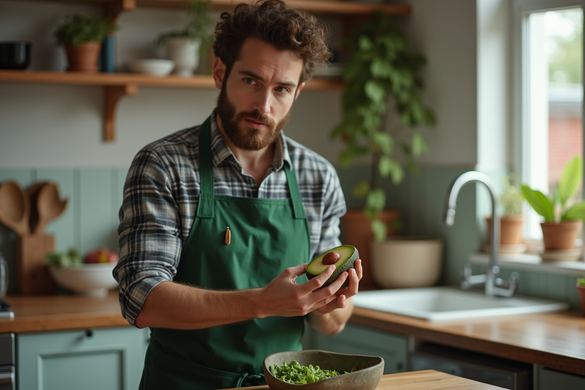 Jeune homme en cuisine tenant un avocat coupé