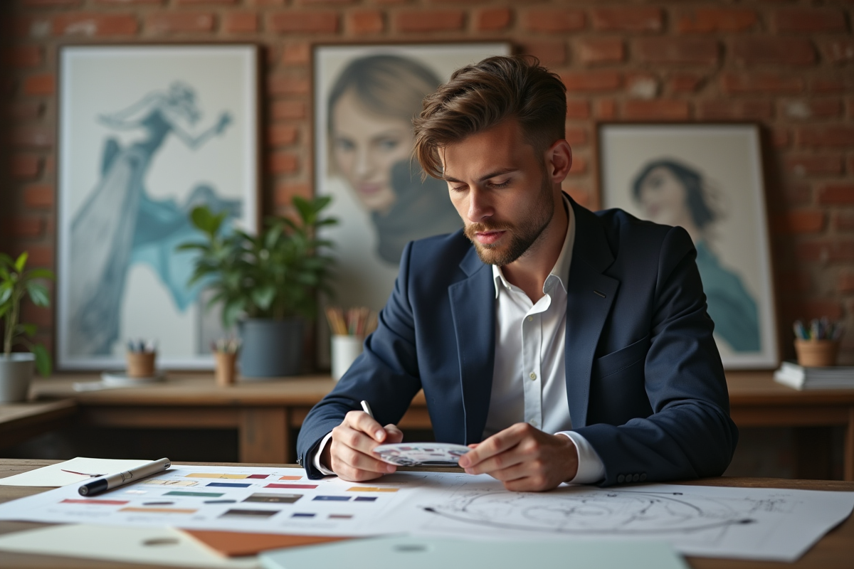 Jeune homme observant une palette de couleurs dans un atelier