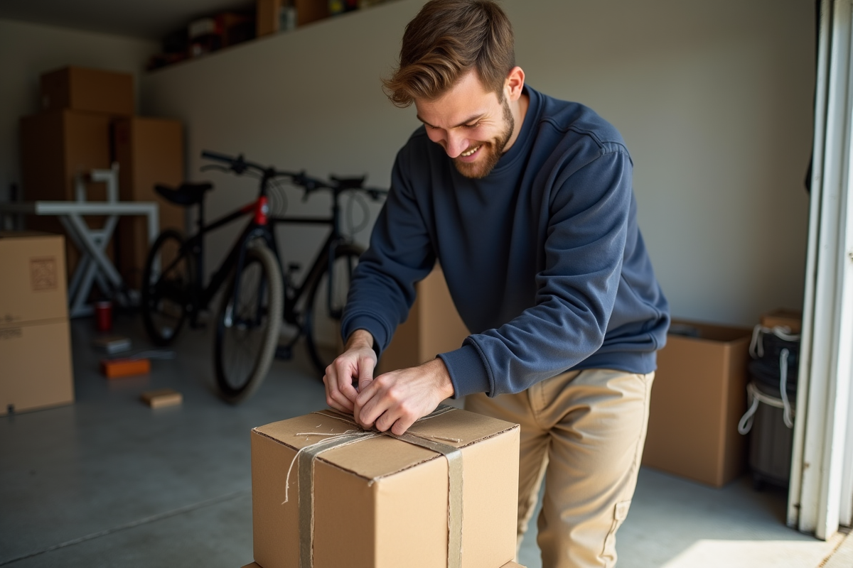 Jeune homme utilisant de la ficelle pour emballer un colis dans un garage