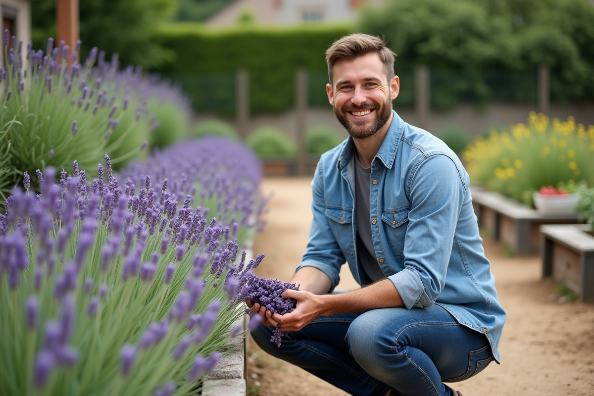 Jeune homme dans un jardin communautaire avec lavande
