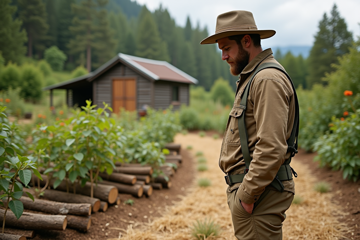 Jeune homme examinant un aménagement de permaculture