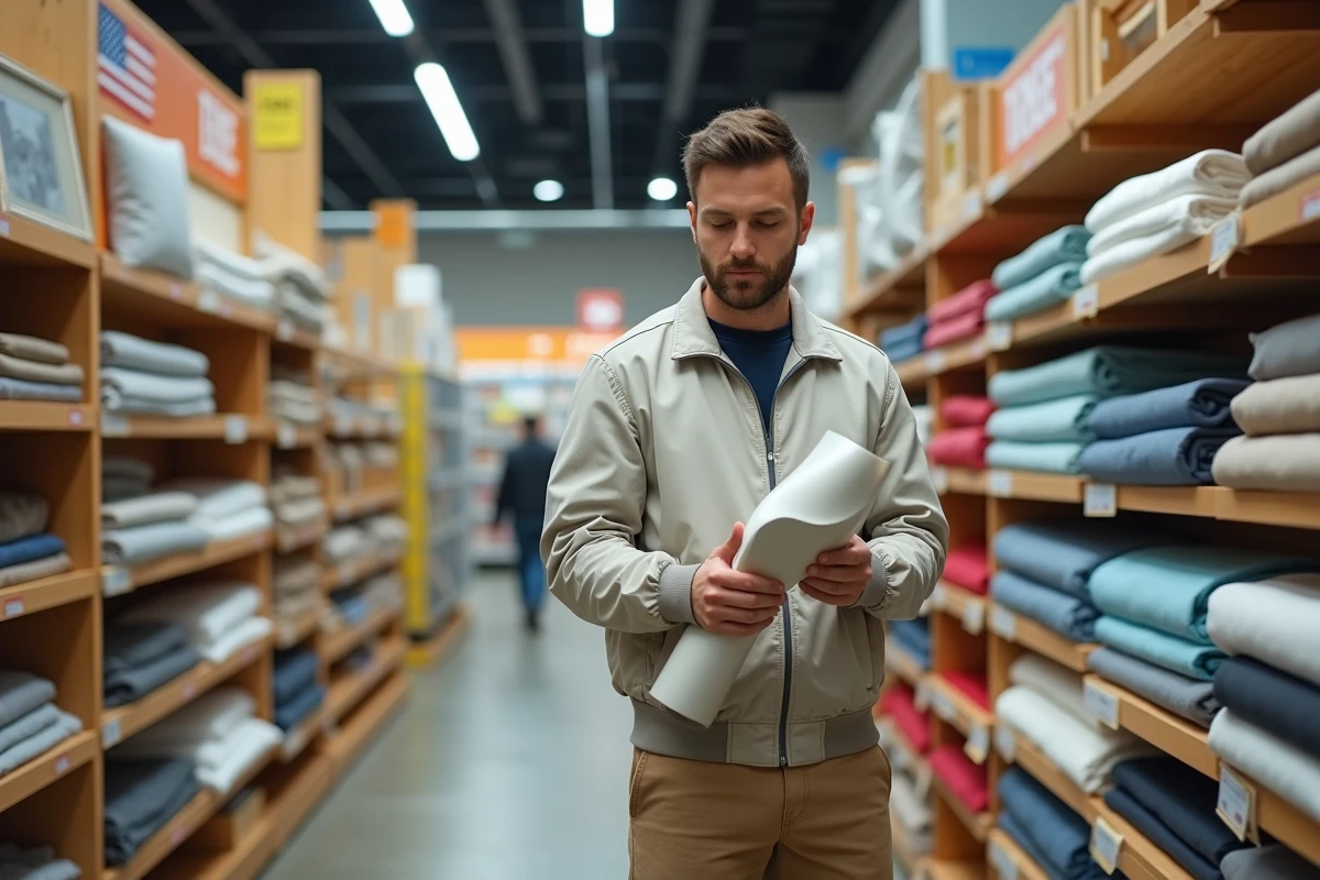 Jeune homme examinant un rouleau de nappe en vinyle en magasin