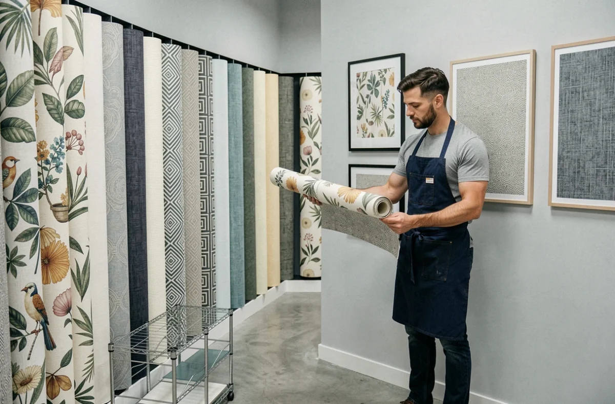 Showroom JoryTapiDeco avec rouleaux de papiers peints et décorateur présentant un échantillon contre un mur