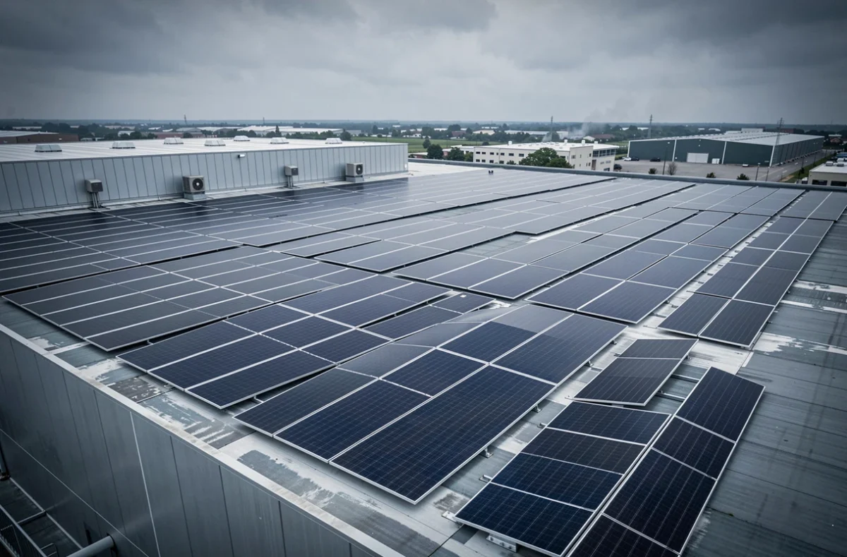 Grande installation solaire triphasée de 6000W en autoconsommation sur le toit plat d'un bâtiment commercial ou industriel