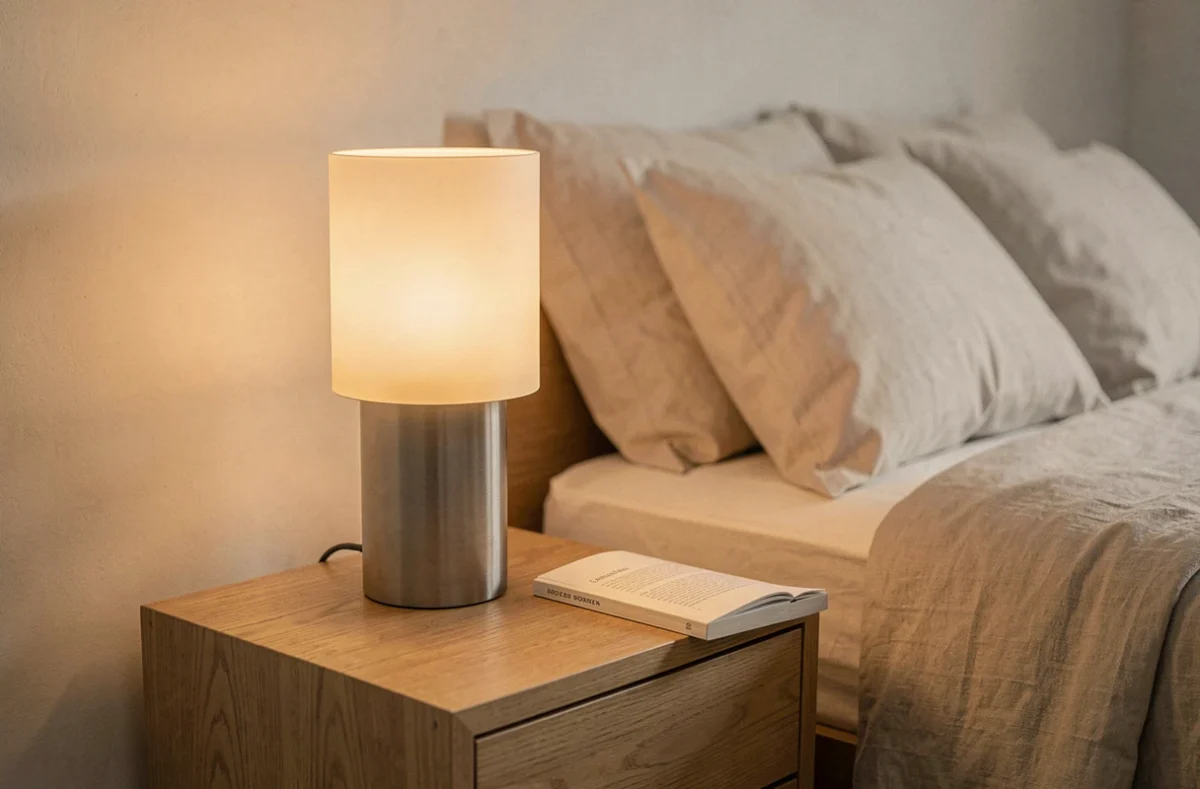 Lampe tactile rechargeable posée sur une table de chevet en chêne avec variateur d'intensité lumineuse réglable