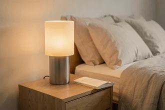 Lampe tactile rechargeable posée sur une table de chevet en chêne avec variateur d'intensité lumineuse réglable