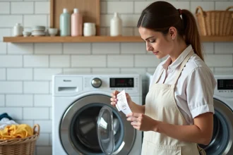Femme lisant les pictogrammes d'entretien sur une étiquette de vêtement devant un lave-linge ouvert dans une buanderie moderne