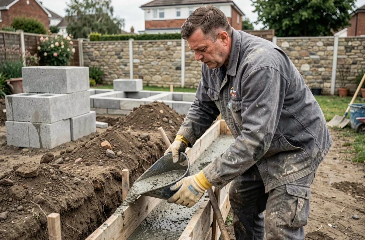 Maçon professionnel coulant du béton dans un coffrage pour fondation de mur de clôture en jardin