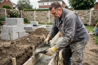Maçon professionnel coulant du béton dans un coffrage pour fondation de mur de clôture en jardin