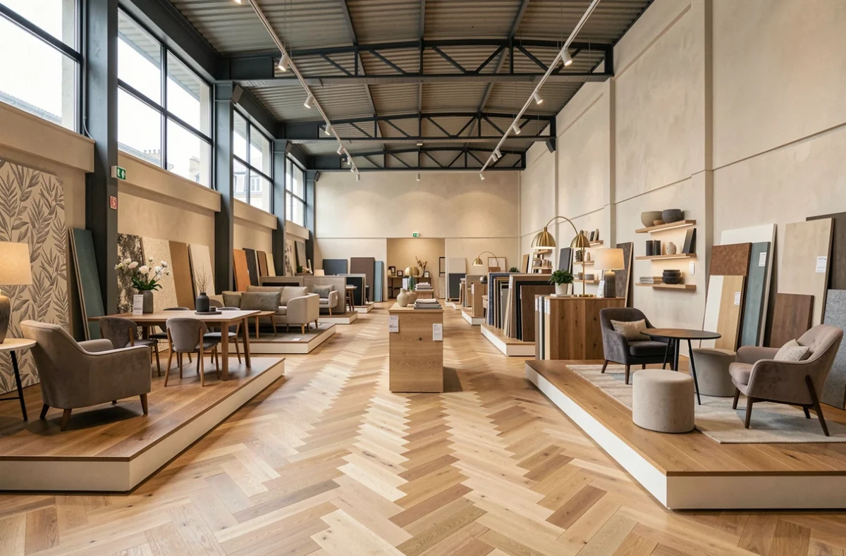 Vue grand angle d'un magasin de décoration professionnelle à Lyon avec des espaces d'exposition organisés
