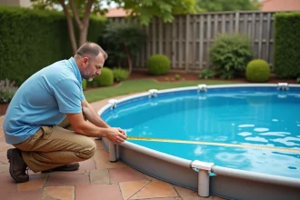 Entrepreneur mesurant le diamètre d'une piscine ronde pour calculer sa surface en m2