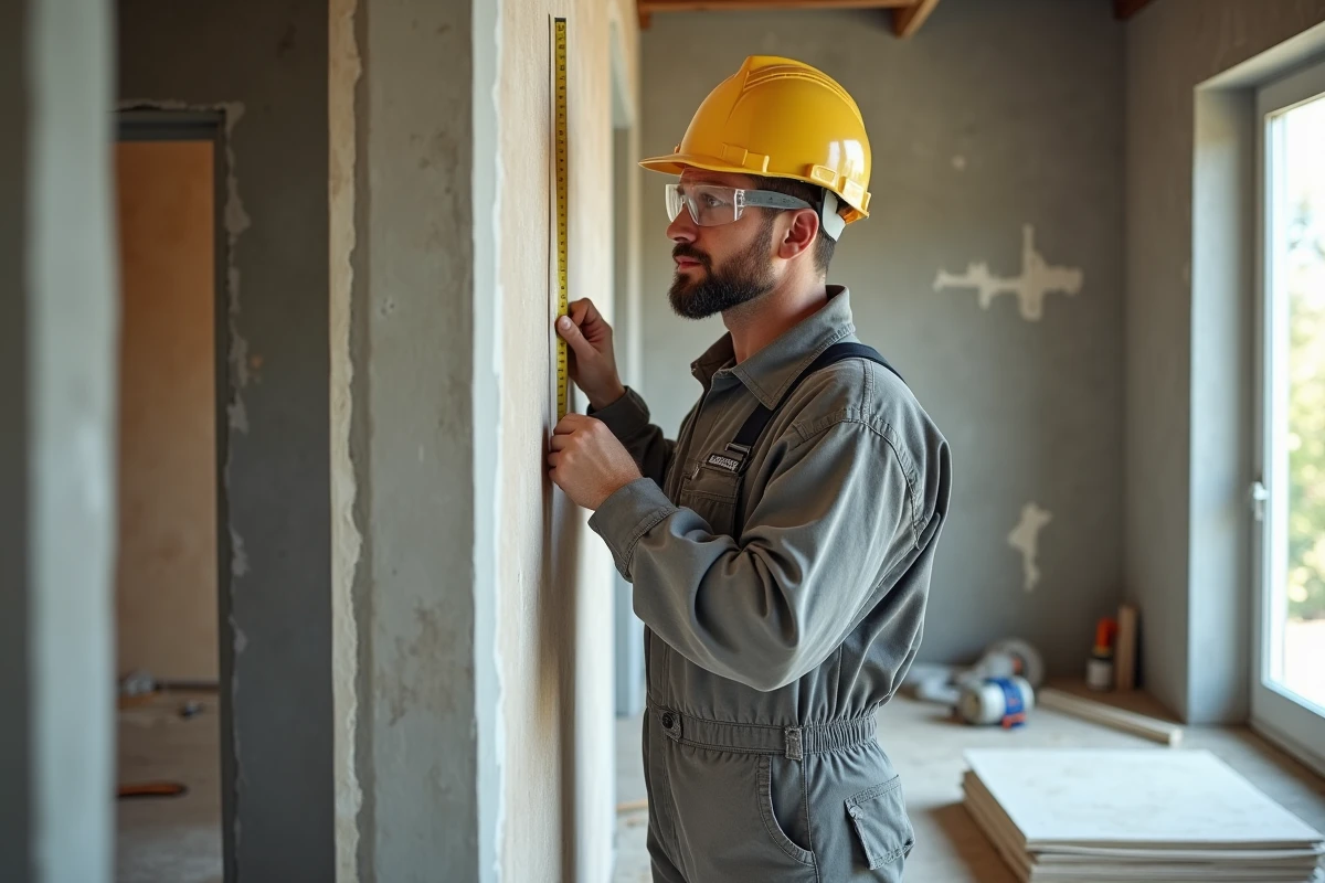 Ouvrier mesurant l'épaisseur d'un placo isolant sur un chantier de rénovation intérieure