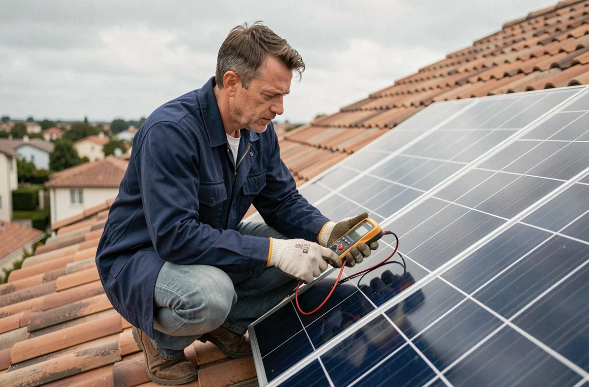 Technicien mesurant la puissance d'un panneau solaire avec un multimètre numérique sur un toit résidentiel