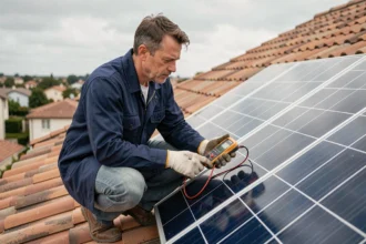 Technicien mesurant la puissance d'un panneau solaire avec un multimètre numérique sur un toit résidentiel