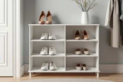Meuble à chaussures Nano blanc avec baskets et talons rangés soigneusement dans les compartiments