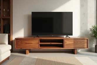Meuble TV en bois exotique teck avec étagères ouvertes dans un salon moderne aux murs blancs