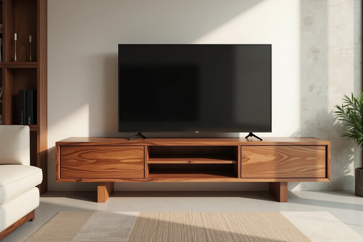 Meuble TV en bois exotique teck avec étagères ouvertes dans un salon moderne aux murs blancs
