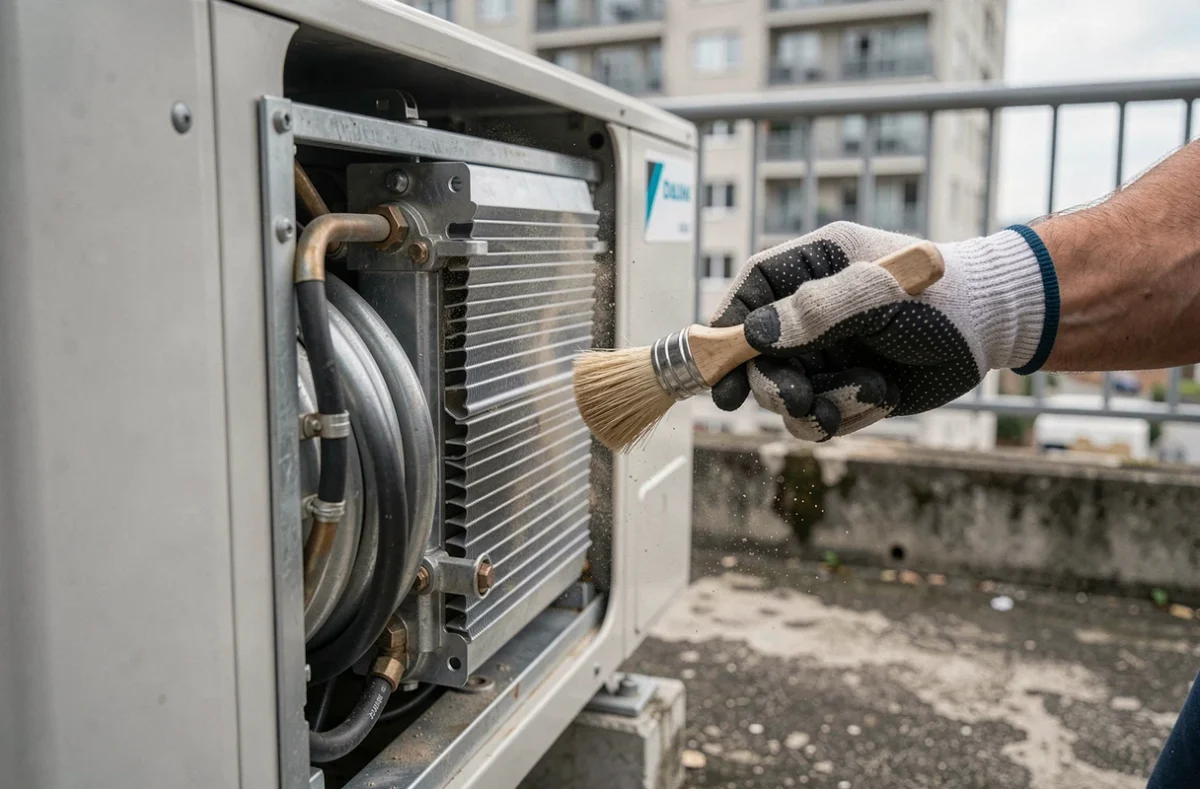Gros plan sur le nettoyage des ailettes d'une pompe à chaleur Daikin par un technicien qualifié