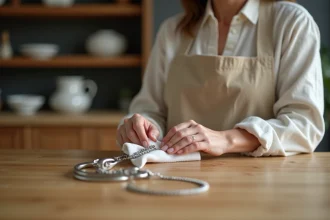 Femme nettoyant un collier en argent noirci avec un chiffon doux sur une table en bois