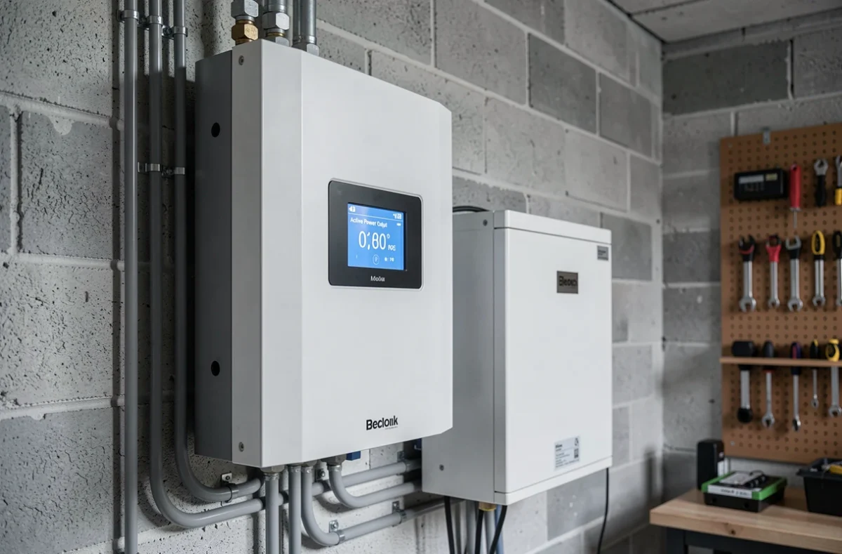 Onduleur solaire triphasé et système de stockage installés dans un local technique pour autoconsommation 6000W
