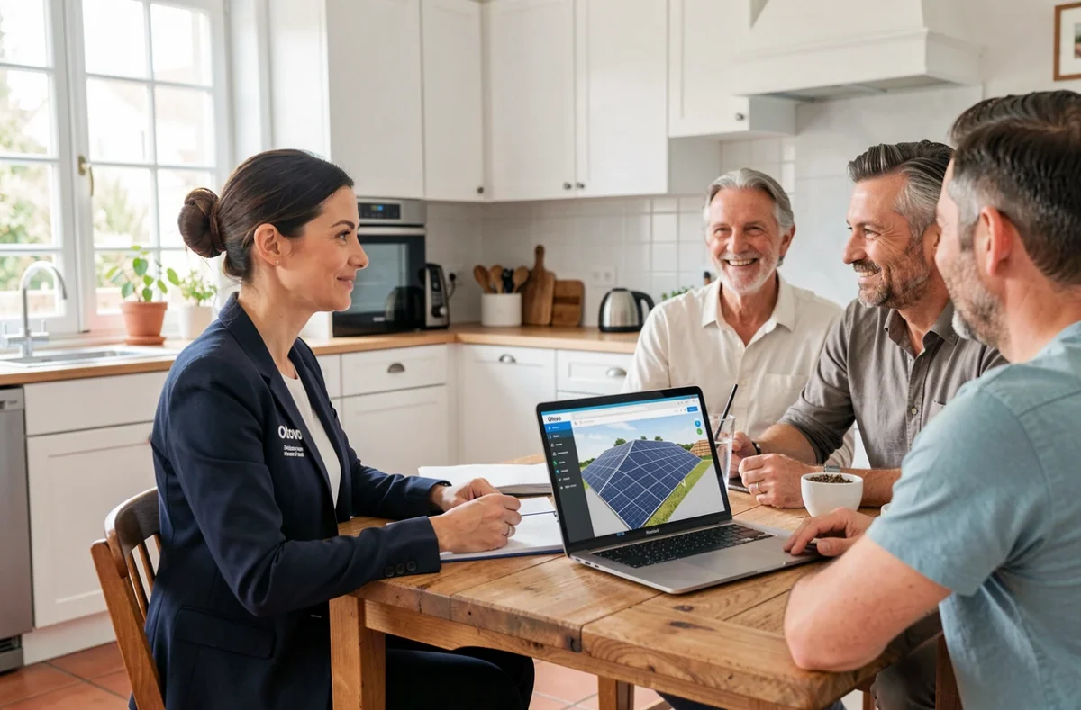 Conseillère Otovo présentant une simulation d'installation solaire à un couple de propriétaires dans l'Oise