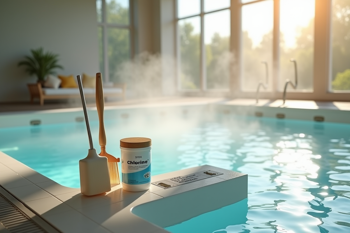 Outils de nettoyage spa et bouteille de chlore près du jacuzzi